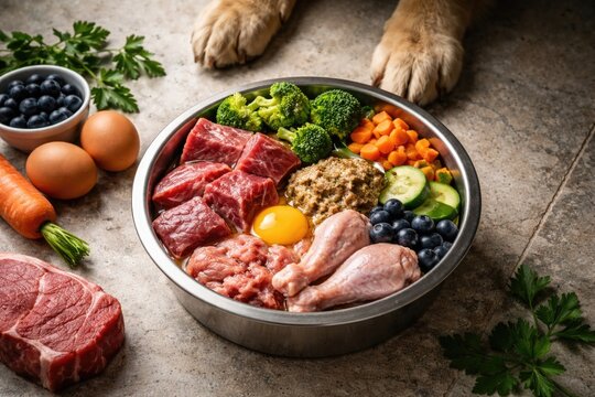 Fresh BARF diet ingredients including raw meat and eggs in bowl with canine paws on muted floor