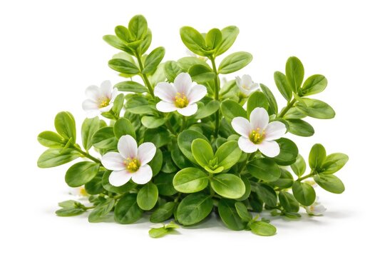 Bacopa monnieri Brahmi plant with bright green leaves and soft white petals isolated on white background