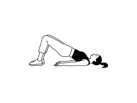 A minimalist black and white line art vector of a woman doing a hip thrust or glute bridge exercise for fitness instruction and workout guides.