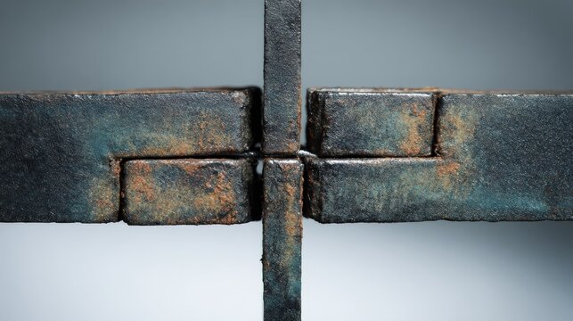 Close up of industrial metal panels with rust textures and geometric lines