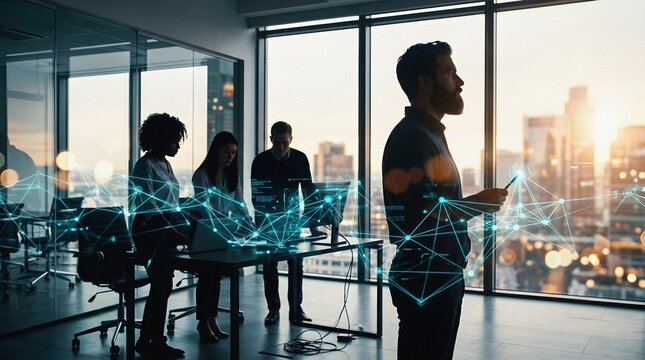 Visionary leader in smart office with data visualization network overlay.