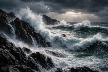 Fototapeta premium fierce stormy sea smashing waves against sharp rocky coastline