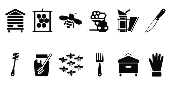 Beekeeping Equipment Icons Including Hive Honeycomb Bee Smoker Knife Honey Dipper Jar and Gloves apiary
