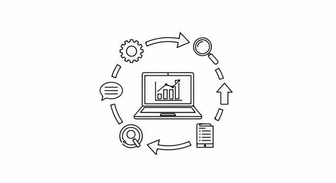 Diagram shows a circular process involving a laptop, gear, search icons, and mobile device
