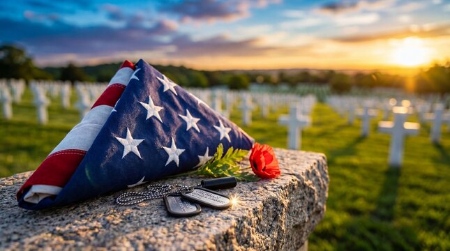 Folded American flag with military dog tags and red poppy on stone ledge. Cemetery filled with white crosses at sunset. Symbol of remembrance for veterans and honoring fallen soldiers on Memorial Day