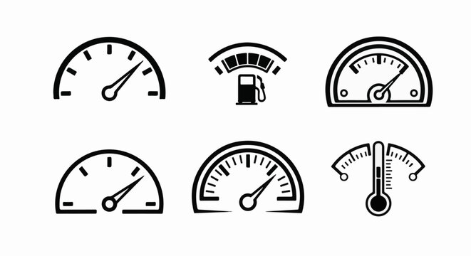 Collection of six icons fuel gauge, speedometers, and thermometer