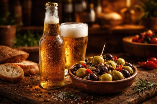 Cold beer bottle with marinated olives as a Spanish appetizer snack