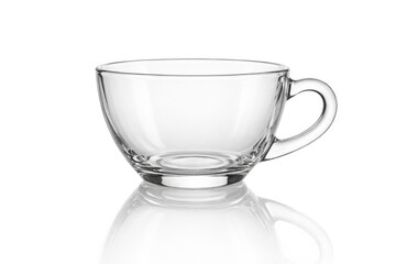 Isolated crystal clear teacup on smooth white reflective background with clipping path