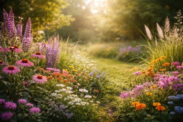 Naklejka premium Floral garden with rich grasses and bright blossoms complemented by copy space