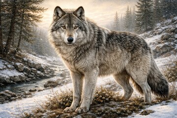 Obraz premium Detailed hand drawn grey arctic wolf captured in full fur texture with natural surroundings