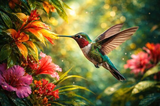 Hummingbird hovering near vivid tropical flowers with a detailed textured art background