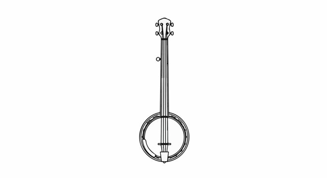 A hand-drawn illustration of a stringed musical instrument, a banjo, on a white background