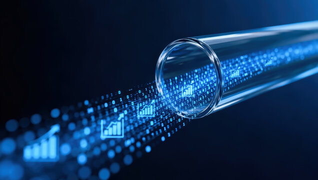 Digital data stream glowing blue binary glass tube data flow abstract technology business growth network signal computer code information transfer, SEO assistant data