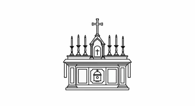 Line art of a church altar with candles, a cross, and devotional symbols