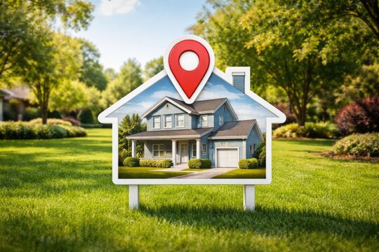 Illustrated large house shaped advertising sign with location marker on lush green lawn