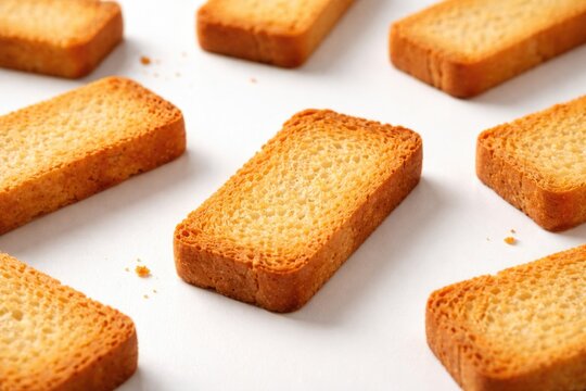 Crisp close up of rusks arranged singly on white minimal surface