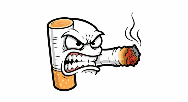 Enraged cartoon cigarette with burning tip and smoke wisps