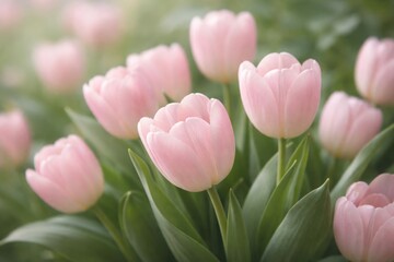 Fototapeta premium Gentle pink tulips highlighted by a muted green leafy background with soft focus