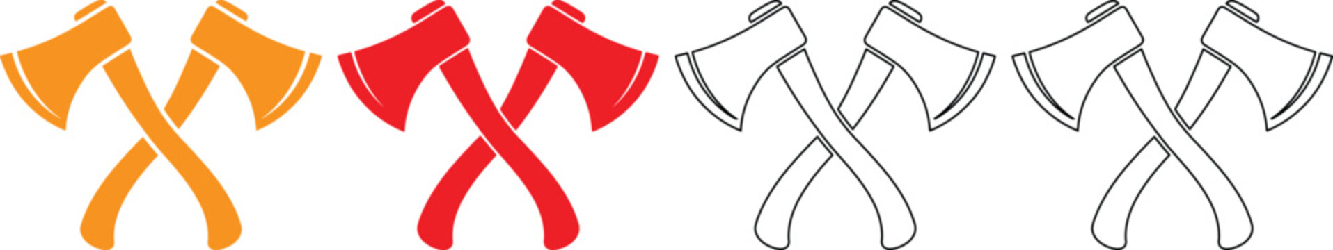 Colorful illustrations of axe pairs in orange red and gray for graphic design  various crossed axe icons in different colors