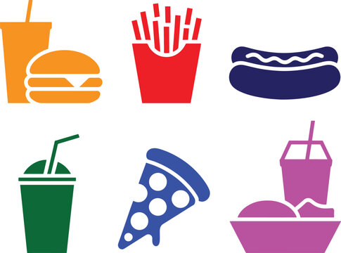 Colorful flat icons of various fast food items including burger hot dog fries pizza and drinks on white background