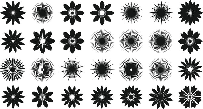 Black abstract flower shapes collection vector set with radial floral elements silhouettes decorative geometric bloom icons isolated design bundle