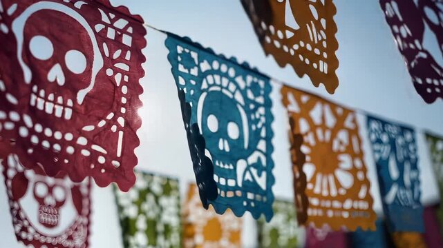 Colorful Papel Picado Bunting with Skull Designs for Day of the Dead Celebration.
