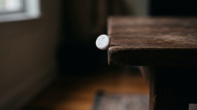 Imminent Decision: A pill teetering precariously on the edge of a rustic wooden table. symbolizing uncertainty, choice, and anticipation.