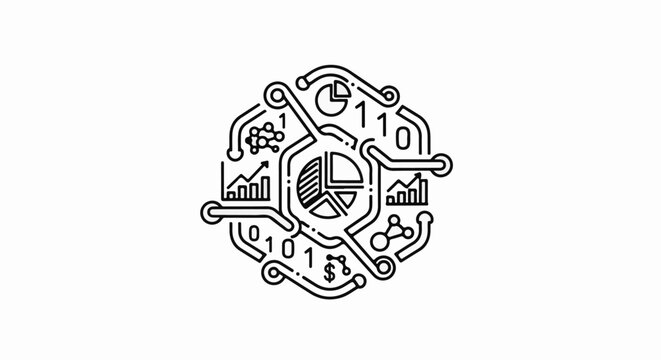 Digital network with data, charts, and binary code forming a circuit