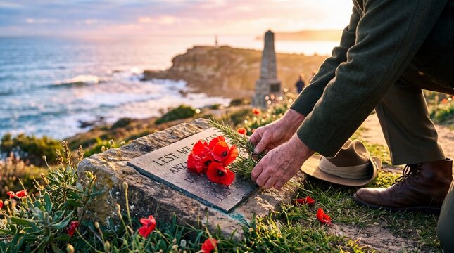 Man placing red poppies on stone war memorial plaque inscribed lest we forget. Remembrance day tribute at coastal cliff overlooking ocean. Sunset honoring fallen soldiers and veterans