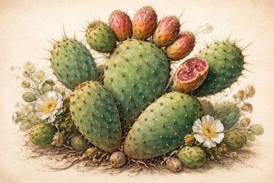 Handcrafted lithograph portraying a juicy cactus with botanical accuracy