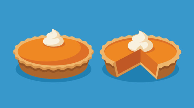 Deliciously Sweet Pumpkin Pies, One Whole and One Sliced, Topped with Whipped Cream on a Vibrant Blue Background