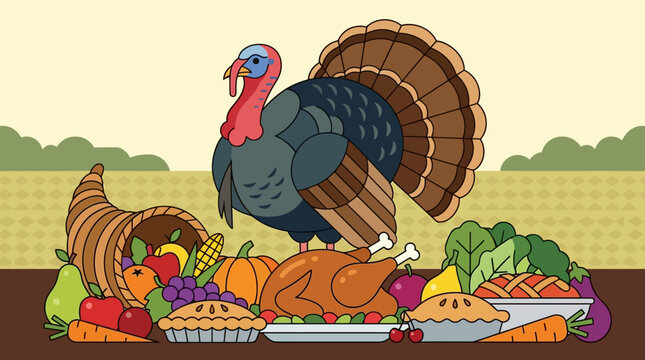 Vibrant illustration of a bountiful autumn harvest feast, featuring a majestic turkey, a roasted bird, cornucopia with fresh fruits, vegetables, and delicious pies, celebrating seasonal abundance