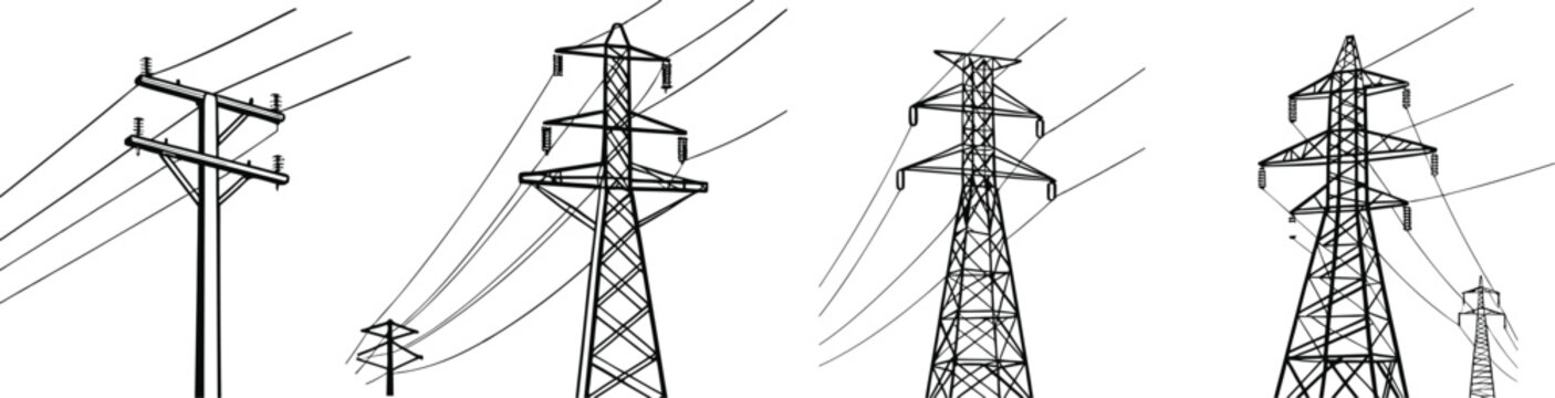 Power line and transmission tower set with utility poles and high voltage cables. Industrial energy infrastructure collection ideal for electricity grid engineering and technology themes. Clean vector