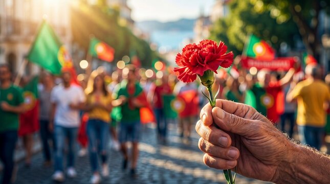 Hand holding red carnation flower during Portuguese revolution parade. Commemoration of Carnation Revolution on April 25. Symbol of freedom and national pride in street march with flags and crowd
