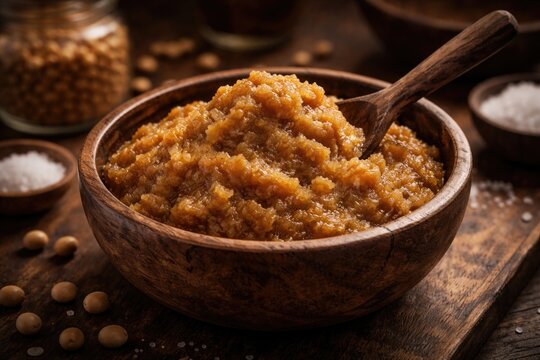 Culinary wooden bowl with seasoned miso paste made from fermented soybeans and salt