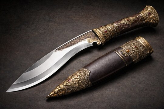 Decorative Nepalese Gurkha kukri knife with intricate handle design isolated