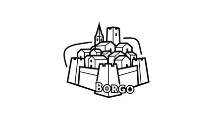 Naklejka premium Stylized black and white outline of a medieval walled village with a church