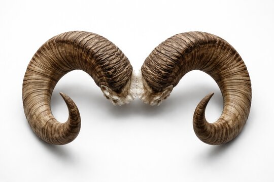 curved ram horns positioned on a stark white backdrop with sharp focus