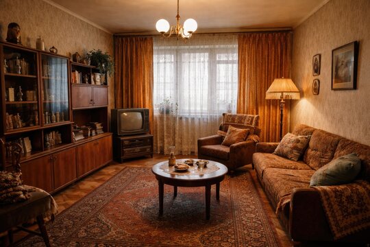 Typical Soviet apartment featuring retro living room setup and vintage furniture copy space