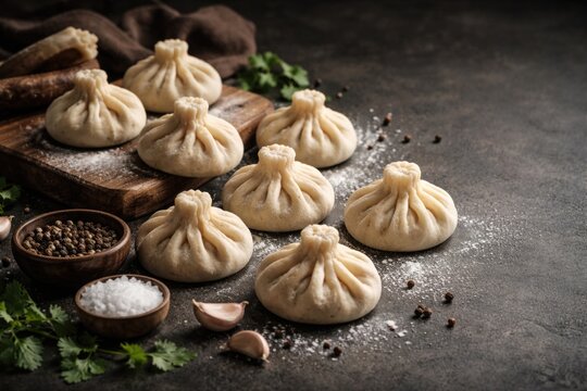 Handmade khinkali dumplings set on a matte dark concrete surface boasting ample copy space