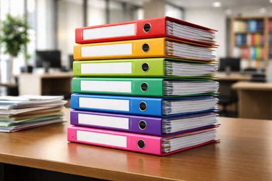 Brightly colored stack of document files arranged neatly in a corporate office environment