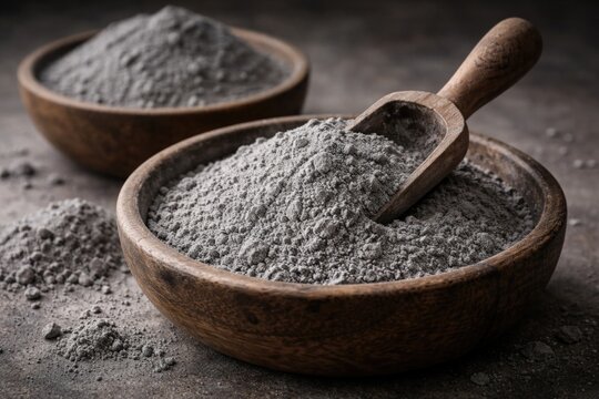 Gray titanium dioxide powder in wooden bowls with wooden scoop conveying industrial raw material texture