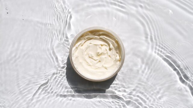 A jar of white cream on a water surface. Splash of water, sunlight and shadows. Layout for advertising goods, cosmetic products. Medical skin care, body care. High quality 4k footage