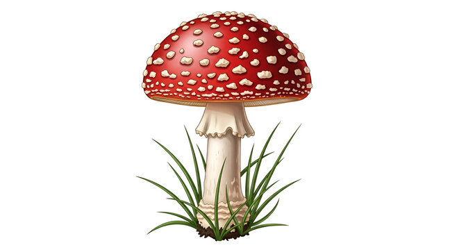 Vibrant Red Amanita Muscaria Mushroom with White Spots Growing in Green Grass.