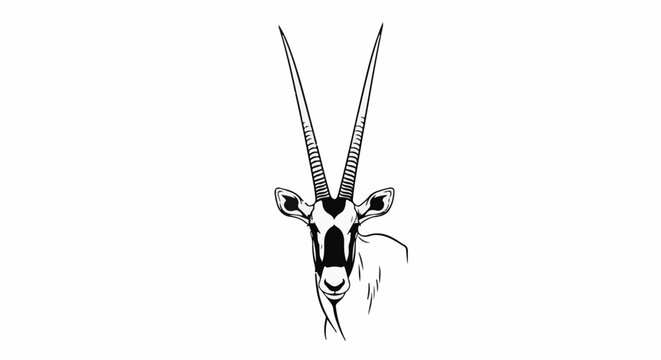 Stylized illustration of an oryx head with long, ribbed horns and black and white markings