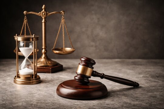 Courtroom elements featuring judge gavel hourglass scales on gray textured floor with copy space