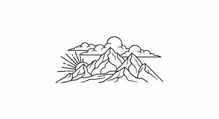 Fototapeta premium Stylized sun rises behind jagged peaks and fluffy clouds