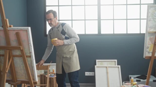 Man holding yellow cup and painting at easel in studio seated on stool wearing apron and glasses; contemplation.