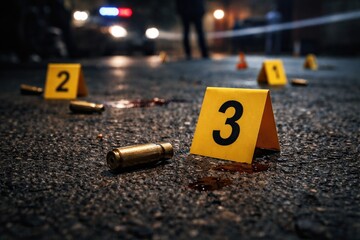 Fototapeta na wymiar Crime scene with yellow markers positioned by brass bullet shell on asphalt
