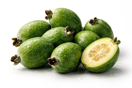 Group of feijoas displayed on an uncluttered white background